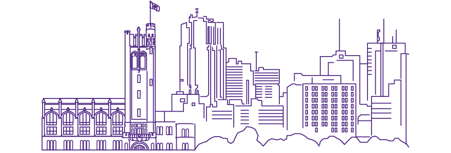Purple line drawing of the University College tower next to London's city skyline